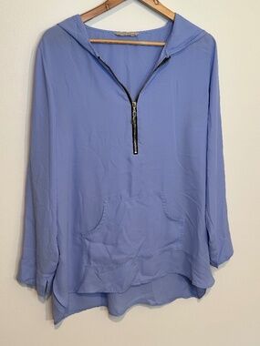 Soft Surroundings Hooded 1/2 Zip Blouse Kangaroo Pocket Blue XL